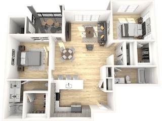 A 3D floor plan of a house with multiple rooms.