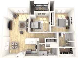 A 3D floor plan of a house with a kitchen, living room, and bedrooms.