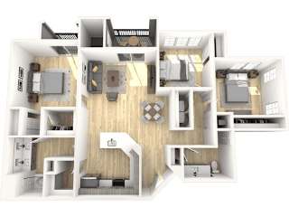 A 3D floor plan of a house with multiple rooms.