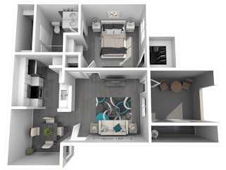A 3D floor plan of a small apartment with a kitchen, living room, and bathroom.
