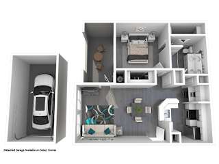 A model of a house with a detached garage is displayed.
