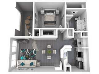A 3D rendered image of a modern apartment layout.