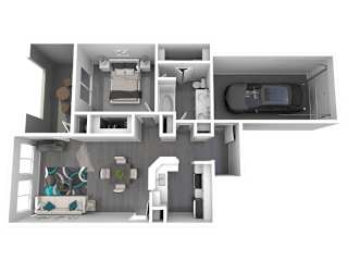 A 3D rendered image of a house layout.