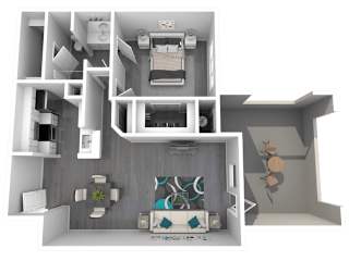 A 3D floor plan of a small apartment with a bedroom, living room, and kitchen.