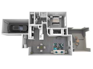 A 3D floor plan of a house with a kitchen, living room, and dining area.