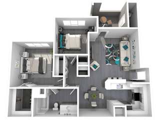 A 3D rendered image of a modern apartment layout.