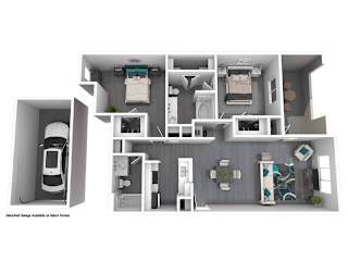 A 3D floor plan of a house with a kitchen, living room, and two bedrooms.