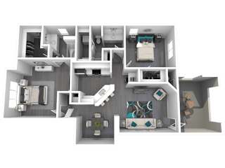 A black and white image of a dollhouse with multiple rooms and furniture.