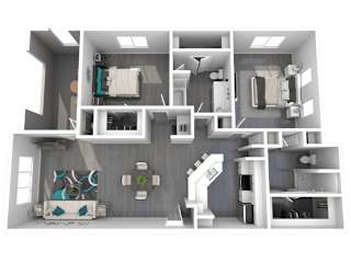 A 3D rendered image of a modern apartment layout.