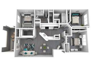 A 3D floor plan of a house with multiple rooms and furniture.