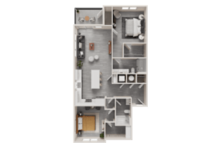 A floor plan of a house with a kitchen, living room, and two bedrooms.