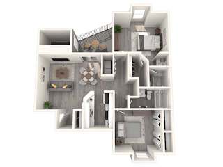 A 3D floor plan of a house with a kitchen, living room, and bathroom.