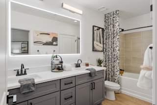 a bathroom with a large mirror and two sinks