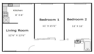 2 Bedroom 1 Bath Floorplan at University Square Apartments, Davis, 95616