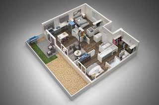 A 3D rendered image of a house layout at Zora Encanto, Phoenix, AZ