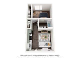 A 3D floor plan of a small apartment with a kitchen, living room, and bedroom.