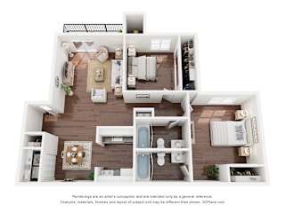 A 3D floor plan of a house with a kitchen, living room, and bathroom.