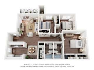 A 3D floor plan of a house with a kitchen, living room, and bathrooms.