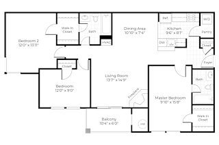 A floor plan of a house with labeled rooms and dimensions.