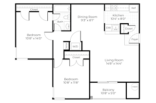 A floor plan of a house with a living room, dining room, kitchen, and three bedrooms.