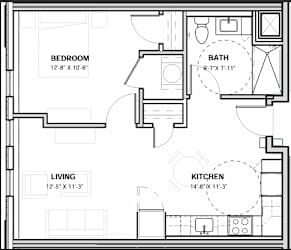 A black and white image of a floor plan for a small apartment.