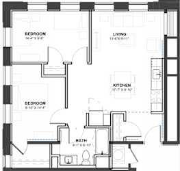 A black and white image of a floor plan for a home with a living room, kitchen, and two bedrooms.