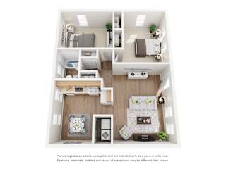 A floor plan of a small apartment with a kitchen, living room, and two bedrooms.