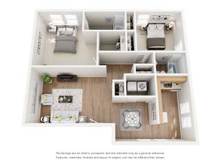 A floor plan of a small apartment with a kitchen, living room, and bedroom.