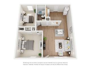 A floor plan of a small apartment with a kitchen, living room, and two bedrooms.