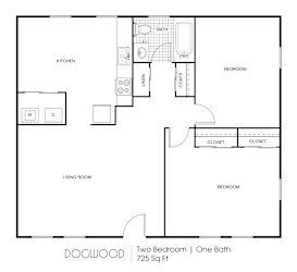 A black and white image of a two bedroom apartment with one bath.