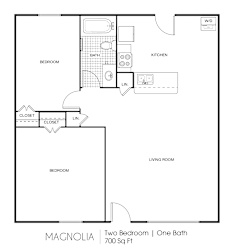 A floor plan of a 700 square foot two bedroom apartment with one bath.