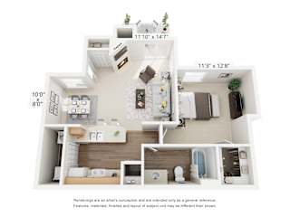 A floor plan of a small apartment with a kitchen, living room, and bathroom.