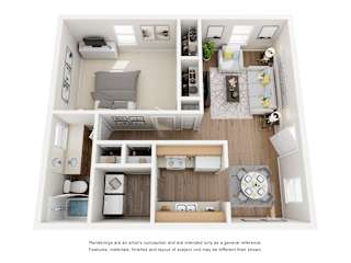 A top-down view of a small apartment with a kitchen, living room, and bedroom.