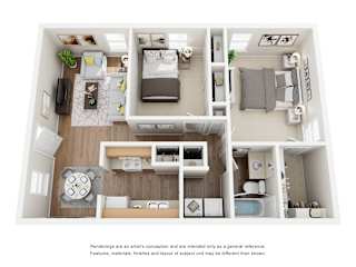 A floor plan of a small apartment with a kitchen, living room, and two bedrooms.