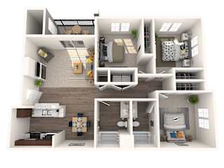 this is a 3d floor plan of a 884 square foot 1 bedroom apartment at the