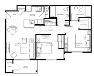 A black and white floor plan of a house with labeled rooms.