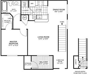 A floor plan of a house with a living room, dining room, kitchen, and bathroom.