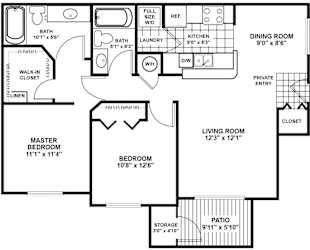 A floor plan of a house with a living room, dining room, kitchen, and two bedrooms.