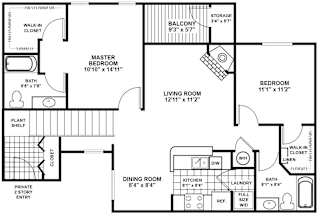 A black and white floor plan of a house with a master bedroom, living room, dining room, and a balcony.