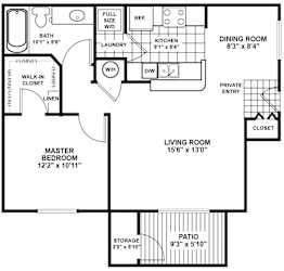 A floor plan of a house with a living room, dining room, kitchen, and bathroom.