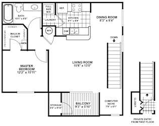 A floor plan of a home with a living room, dining room, kitchen, and master bedroom.