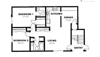 A black and white image of a floor plan for a two bedroom apartment.