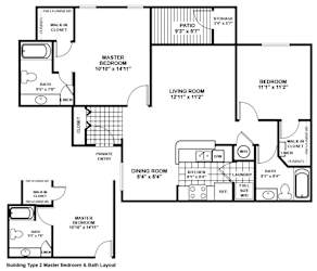 A drawing of a building type 2 master bedroom and bath layout.