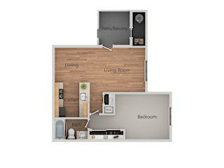A floor plan of a house with a living room, dining room, kitchen, bathroom, bedroom and a balcony.