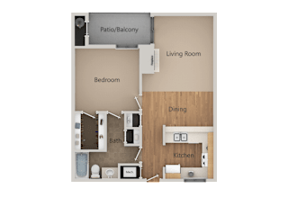 A floor plan of a small apartment with a bedroom, living room, kitchen, dining area, bathroom, and a patio/balcony.