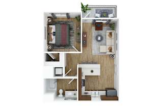 3D floor plan with 2 bedrooms and open layout at The Park on Washington Apartments, California, 92562