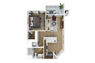 3D floor plan with bedroom living area and bathroom at The Park on Washington Apartments, Murrieta, CA 92562