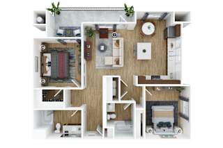 3D floor plan with two bedrooms and open living area at The Park on Washington Apartments, Murrieta, CA
