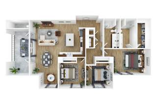 Three bed two bathroom floorplan with balcony at The Park on Washington Apartments, California