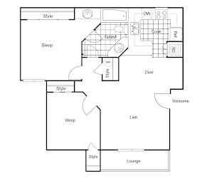 Floor Plan Shasta 2 bedroom 1 bath at Sixteen60 Apartment Homes, San Bernardino